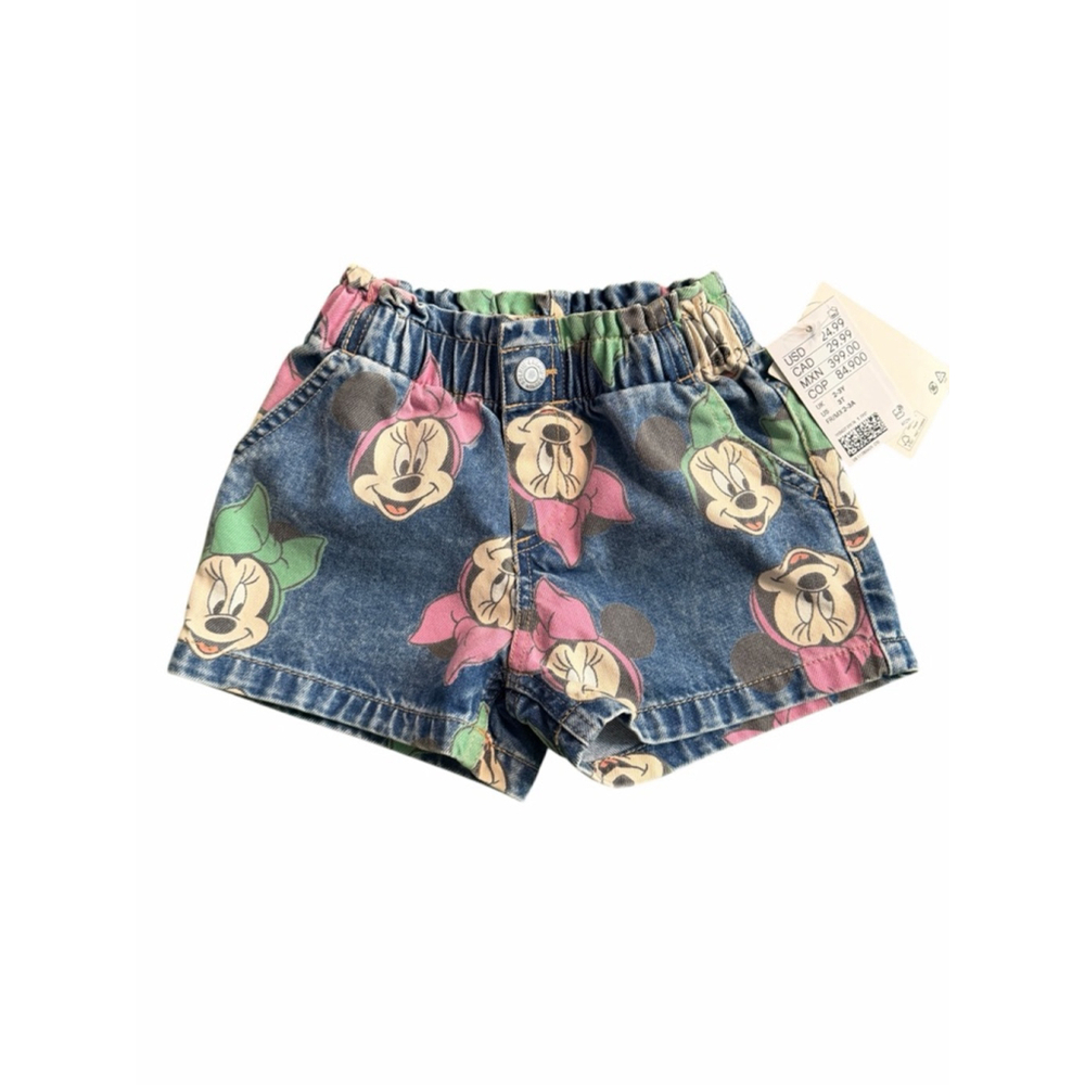H&M Disney Minnie Mouse Denim Shorts Girls 3T Blue Allover Print Elastic Waist